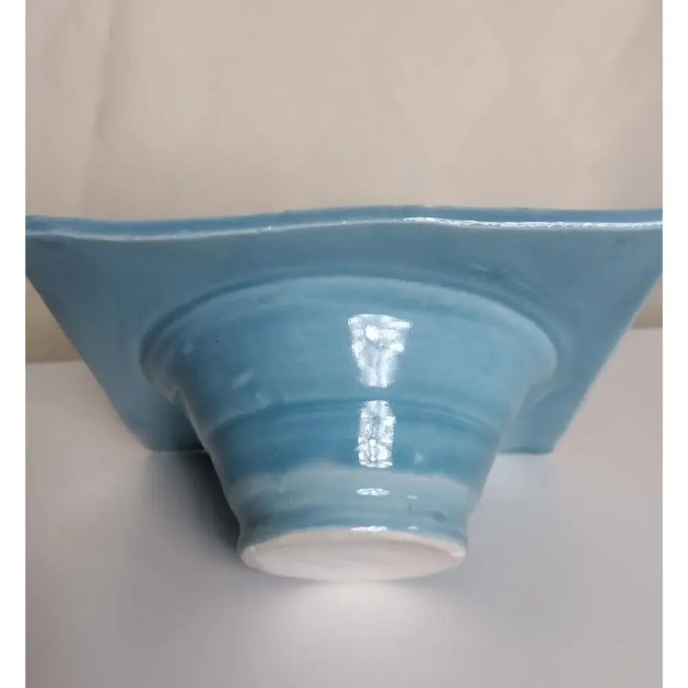 Ikebana Ceramic Vase, Unusual Square Shape with Leaf Imprints, Aqua‎ Blue